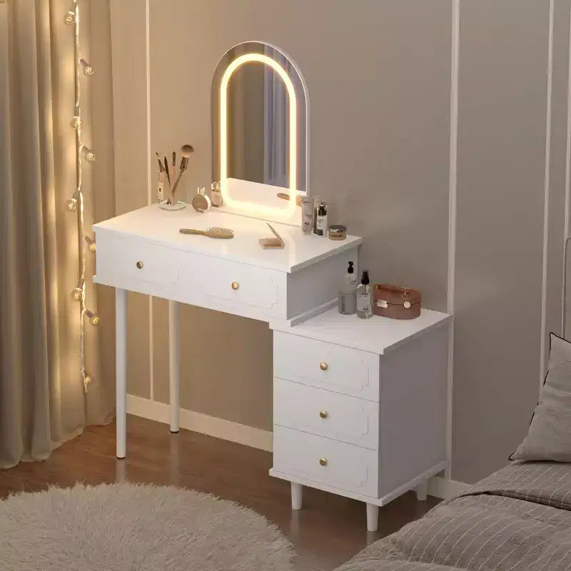 Makeup Vanity Desk with Mirror and Lights, Modern White Vanity Table with 2 Drawers & Adjustable 3-Drawer Cabinet, Wood Dressing Table