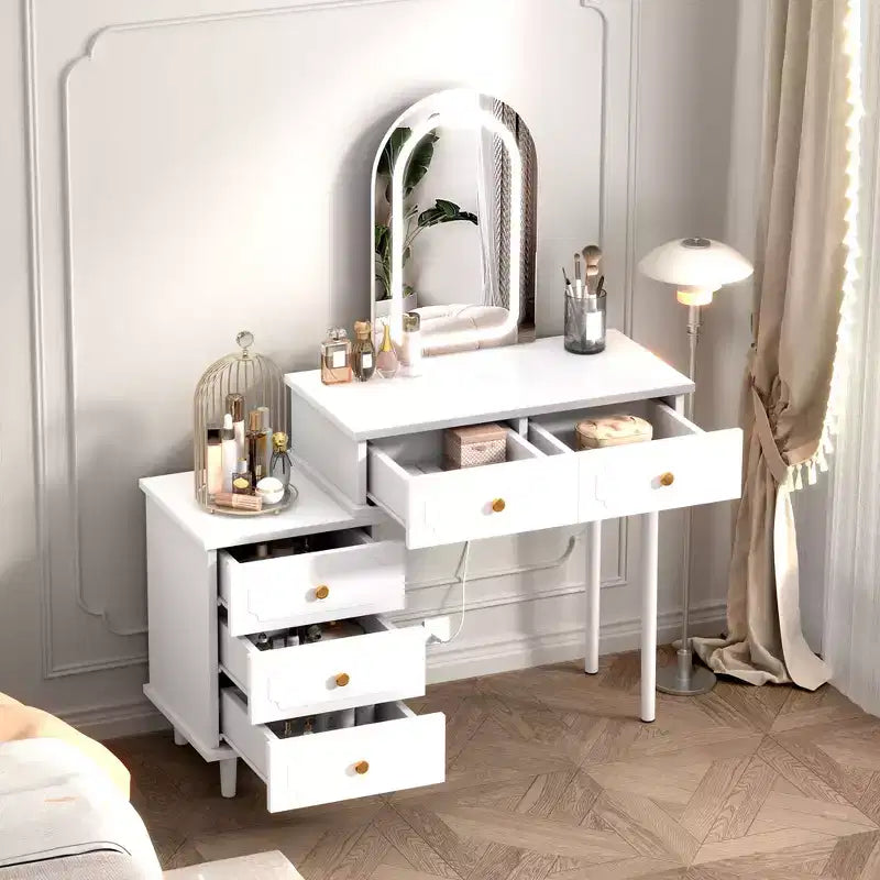 Makeup Vanity Desk with Mirror and Lights, Modern White Vanity Table with 2 Drawers & Adjustable 3-Drawer Cabinet, Wood Dressing Table