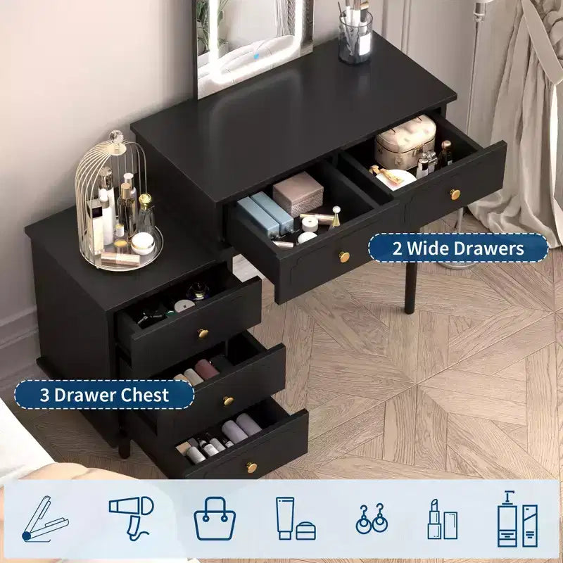 Makeup Vanity Desk with Mirror and Lights, Modern White Vanity Table with 2 Drawers & Adjustable 3-Drawer Cabinet, Wood Dressing Table