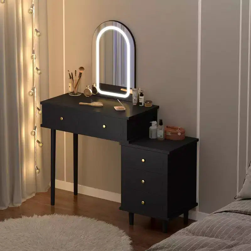Makeup Vanity Desk with Mirror and Lights, Modern White Vanity Table with 2 Drawers & Adjustable 3-Drawer Cabinet, Wood Dressing Table