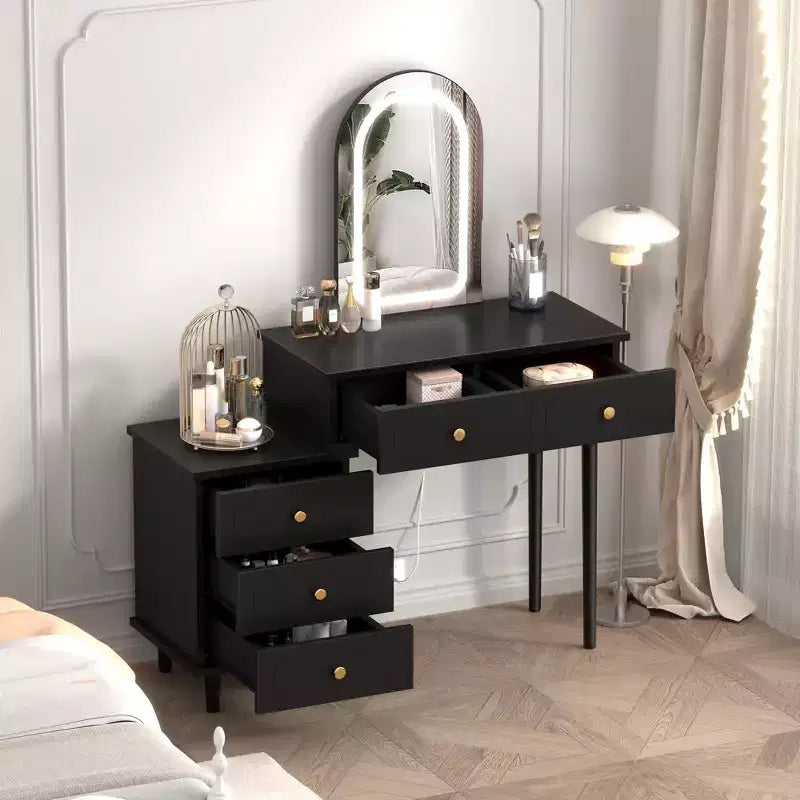 Makeup Vanity Desk with Mirror and Lights, Modern White Vanity Table with 2 Drawers & Adjustable 3-Drawer Cabinet, Wood Dressing Table