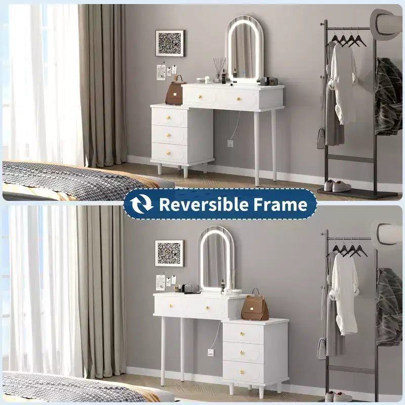 Makeup Vanity Desk with Mirror and Lights, Modern White Vanity Table with 2 Drawers & Adjustable 3-Drawer Cabinet, Wood Dressing Table