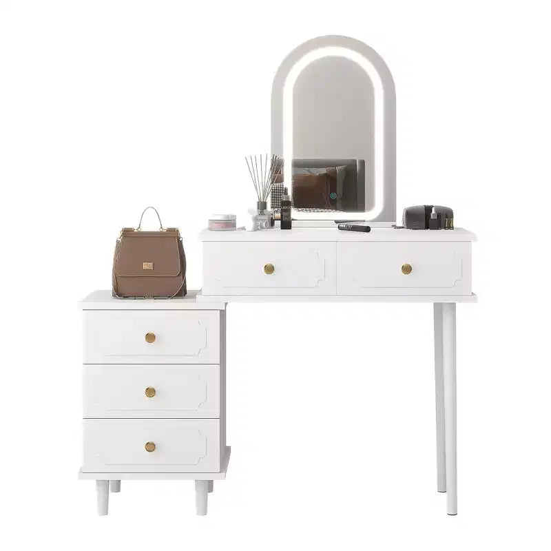 Makeup Vanity Desk with Mirror and Lights, Modern White Vanity Table with 2 Drawers & Adjustable 3-Drawer Cabinet, Wood Dressing Table