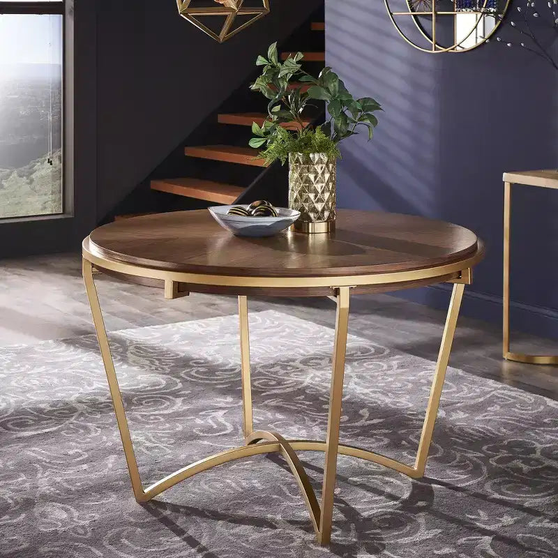 Natural Finish Dining Table With Gold Metal Base - Natural/Gold
