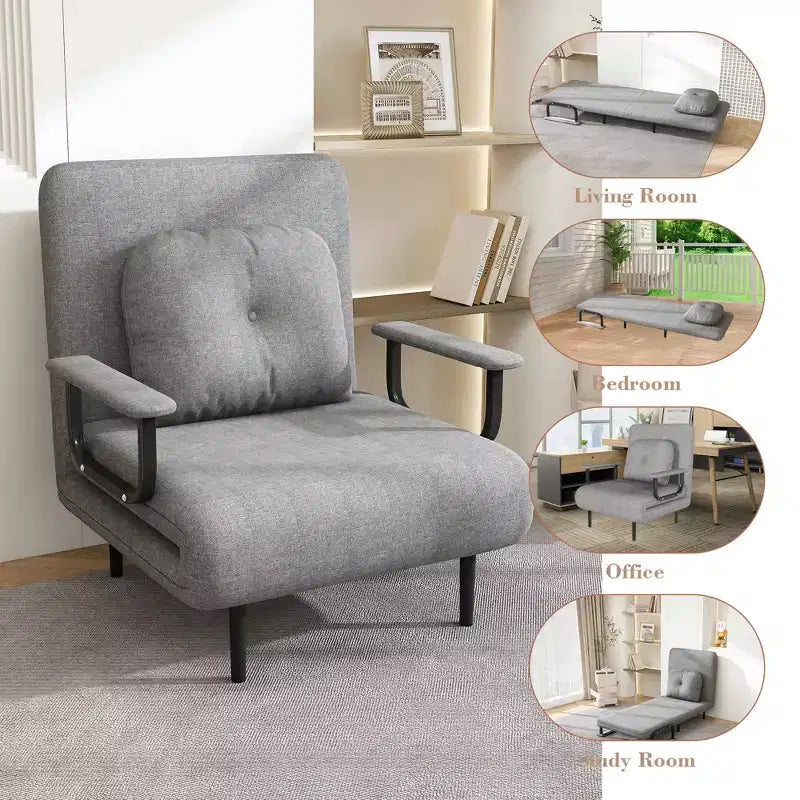 Convertible Sleeper Chair Bed with Adjustable Backrest, Modern Fabric Lounge Sofa with Armrests & Pillow, 6-Position Recliner, Grey