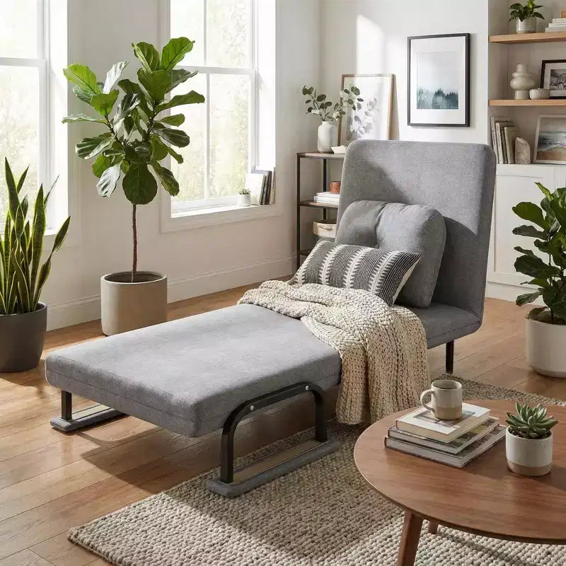 Convertible Sleeper Chair Bed with Adjustable Backrest, Modern Fabric Lounge Sofa with Armrests & Pillow, 6-Position Recliner, Grey