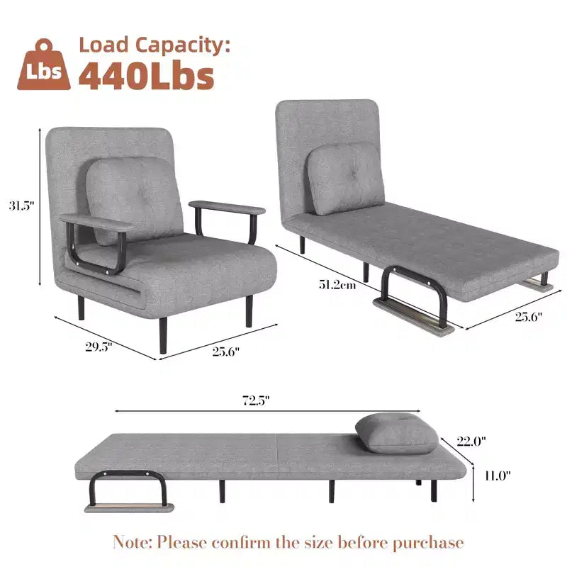 Convertible Sleeper Chair Bed with Adjustable Backrest, Modern Fabric Lounge Sofa with Armrests & Pillow, 6-Position Recliner, Grey