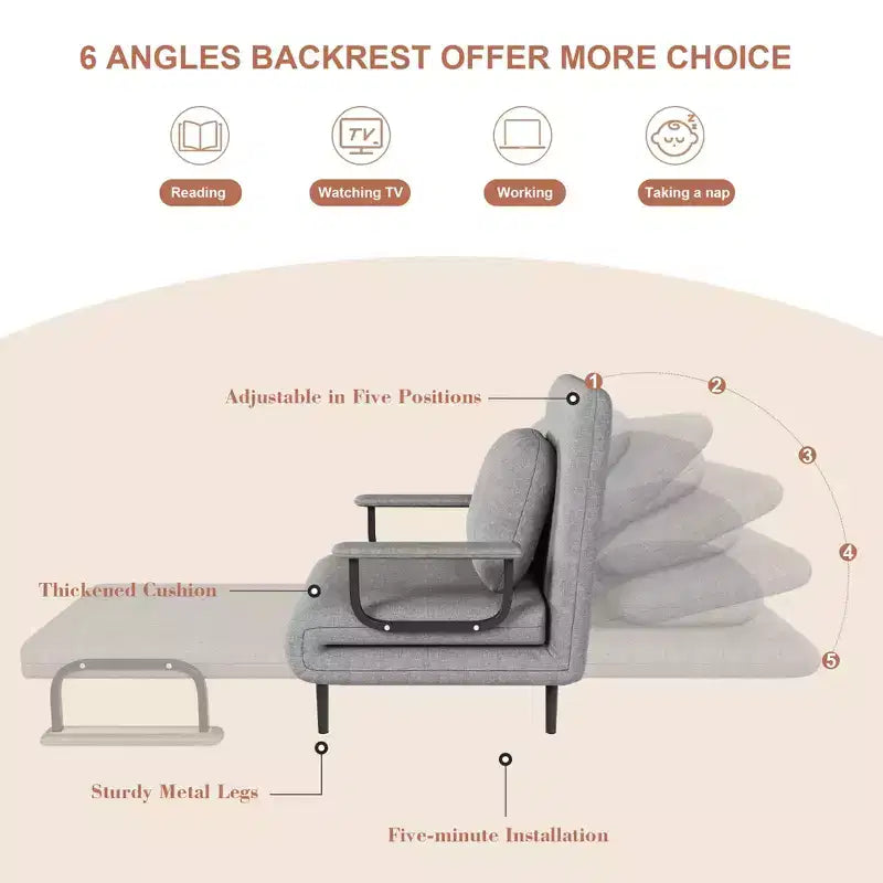 Convertible Sleeper Chair Bed with Adjustable Backrest, Modern Fabric Lounge Sofa with Armrests & Pillow, 6-Position Recliner, Grey