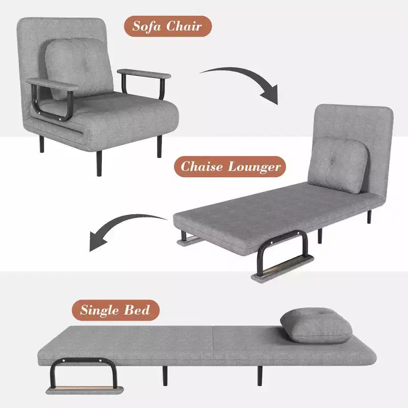 Convertible Sleeper Chair Bed with Adjustable Backrest, Modern Fabric Lounge Sofa with Armrests & Pillow, 6-Position Recliner, Grey