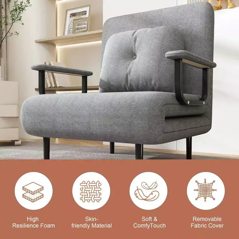 Convertible Sleeper Chair Bed with Adjustable Backrest, Modern Fabric Lounge Sofa with Armrests & Pillow, 6-Position Recliner, Grey