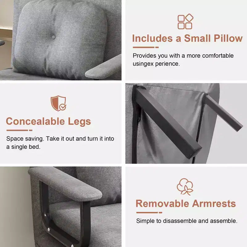 Convertible Sleeper Chair Bed with Adjustable Backrest, Modern Fabric Lounge Sofa with Armrests & Pillow, 6-Position Recliner, Grey