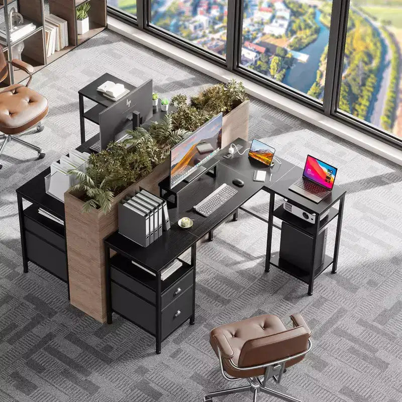 50 Inch Black L Shaped Computer Desk with Charging Station Reversible Corner Gaming Desk File Cabinet Monitor Stand Storage Home Office Workstation