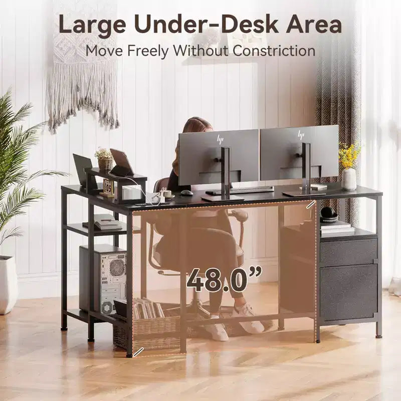 50 Inch Black L Shaped Computer Desk with Charging Station Reversible Corner Gaming Desk File Cabinet Monitor Stand Storage Home Office Workstation