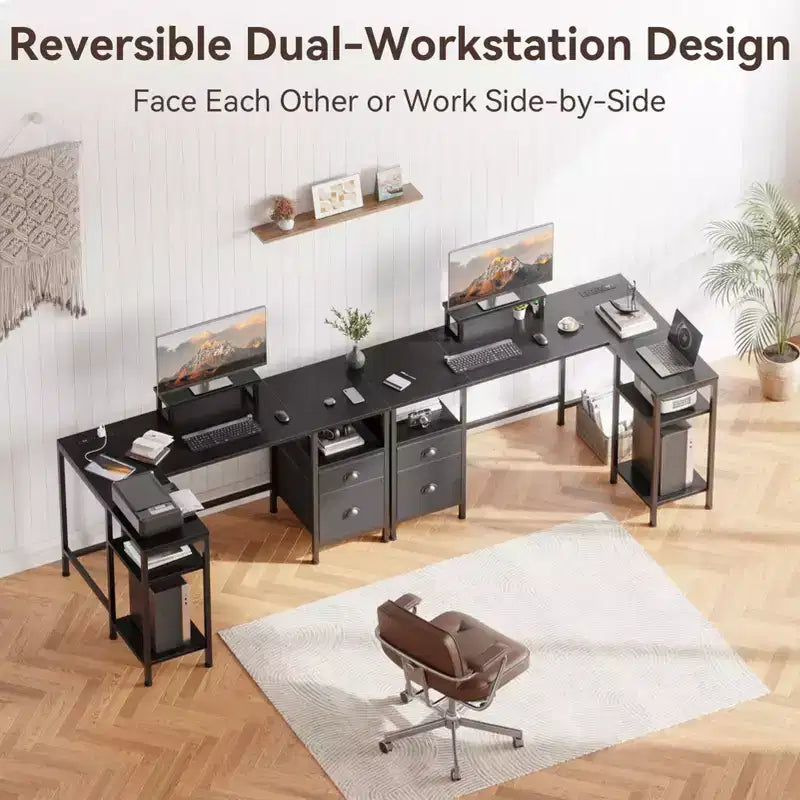 50 Inch Black L Shaped Computer Desk with Charging Station Reversible Corner Gaming Desk File Cabinet Monitor Stand Storage Home Office Workstation