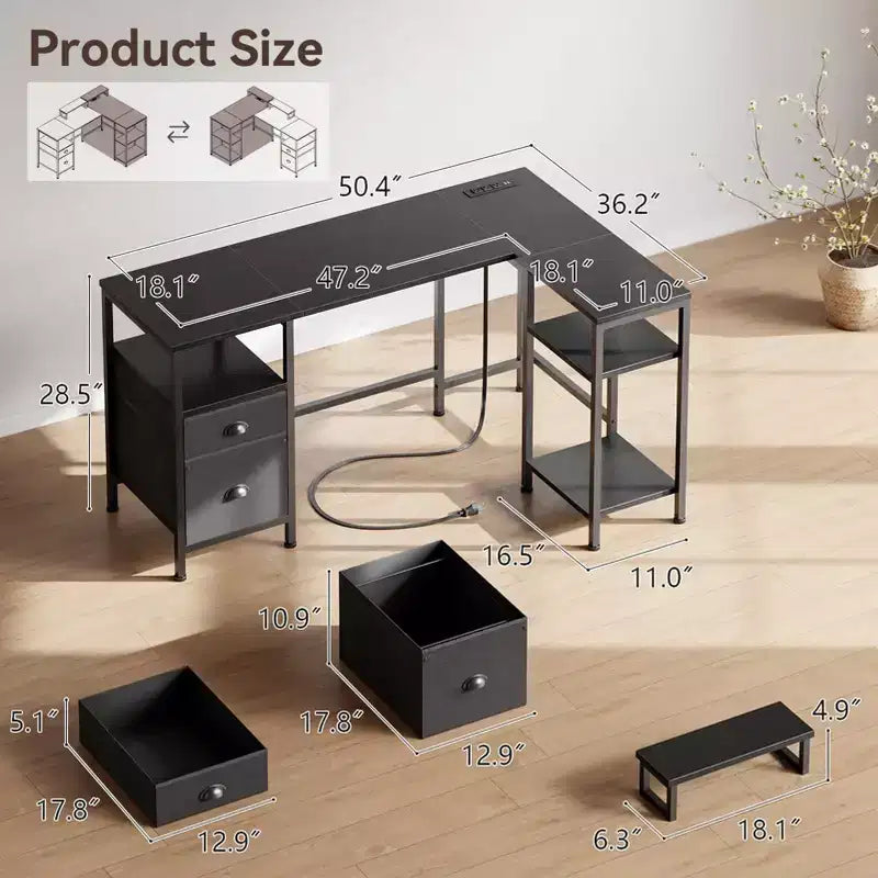 50 Inch Black L Shaped Computer Desk with Charging Station Reversible Corner Gaming Desk File Cabinet Monitor Stand Storage Home Office Workstation