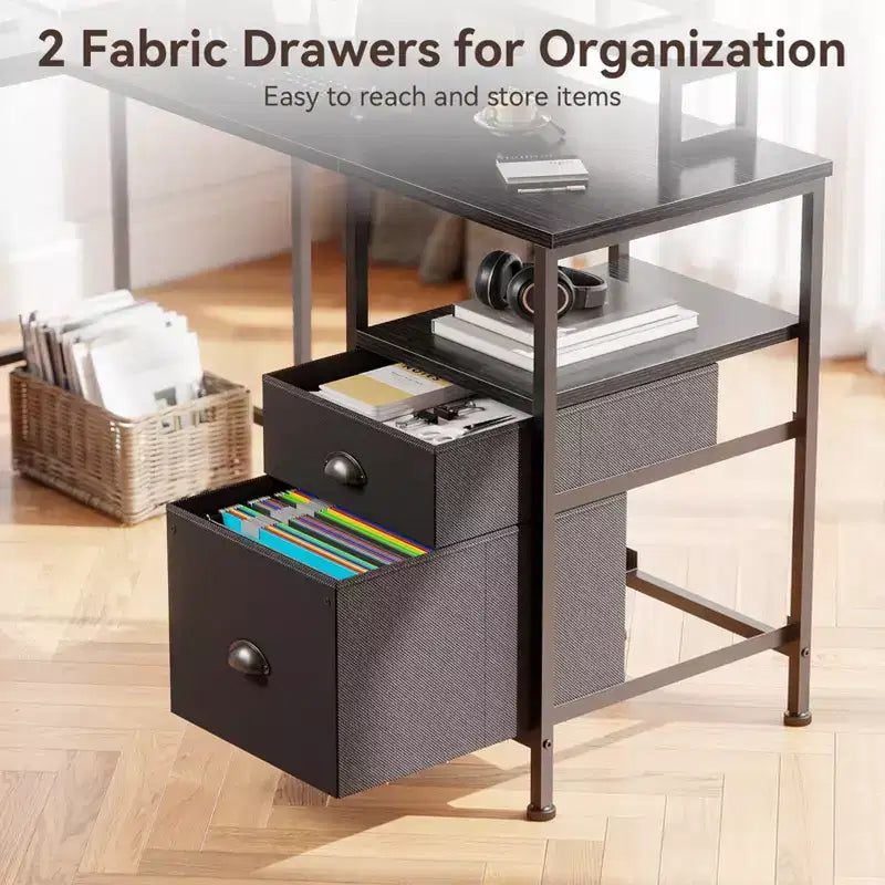 50 Inch Black L Shaped Computer Desk with Charging Station Reversible Corner Gaming Desk File Cabinet Monitor Stand Storage Home Office Workstation