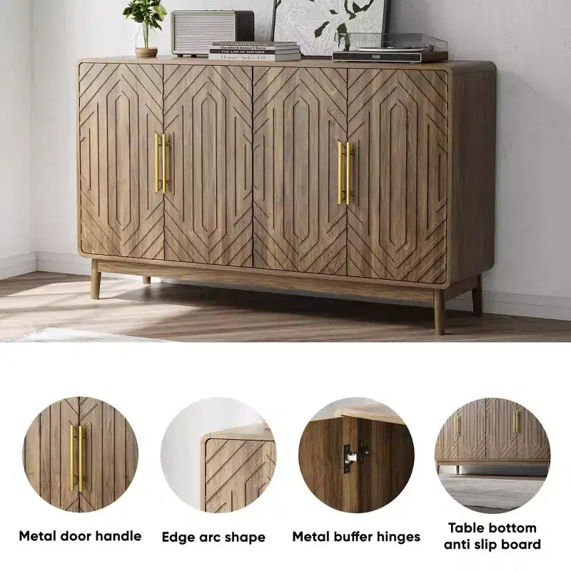 55 Modern Wood Sideboard Buffet Cabinet with 4 Doors, Geometric Carved Design & Gold Handles for Dining Room, Living Room or Entryway