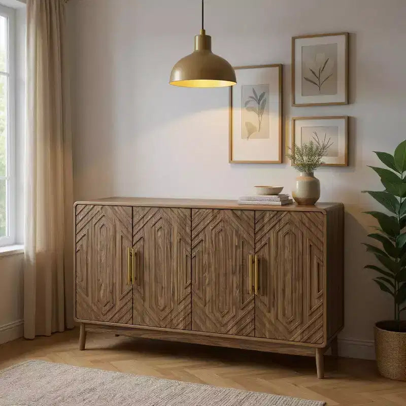 55 Modern Wood Sideboard Buffet Cabinet with 4 Doors, Geometric Carved Design & Gold Handles for Dining Room, Living Room or Entryway