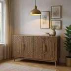 Credenza moderna in legno da 55 con 4 ante, design geometrico intagliato e maniglie dorate per sala da pranzo, soggiorno o ingresso