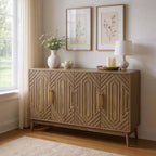 Credenza moderna in legno da 55 con 4 ante, design geometrico intagliato e maniglie dorate per sala da pranzo, soggiorno o ingresso