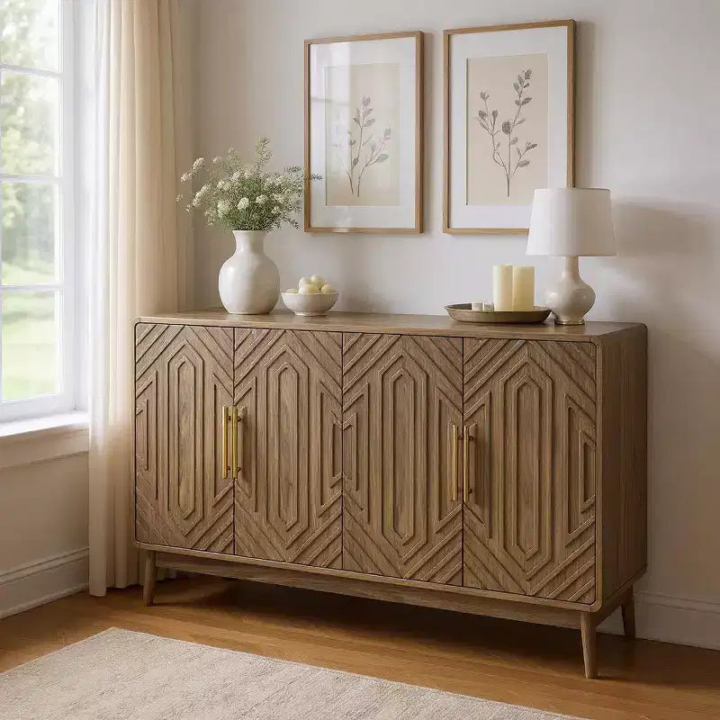 55 Modern Wood Sideboard Buffet Cabinet with 4 Doors, Geometric Carved Design & Gold Handles for Dining Room, Living Room or Entryway