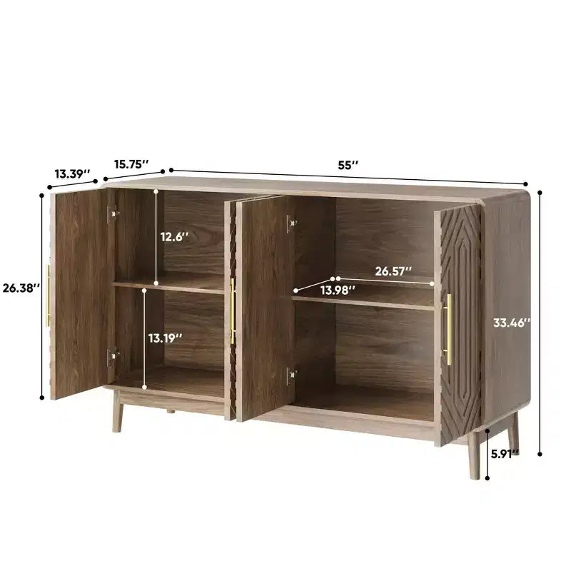 55 Modern Wood Sideboard Buffet Cabinet with 4 Doors, Geometric Carved Design & Gold Handles for Dining Room, Living Room or Entryway