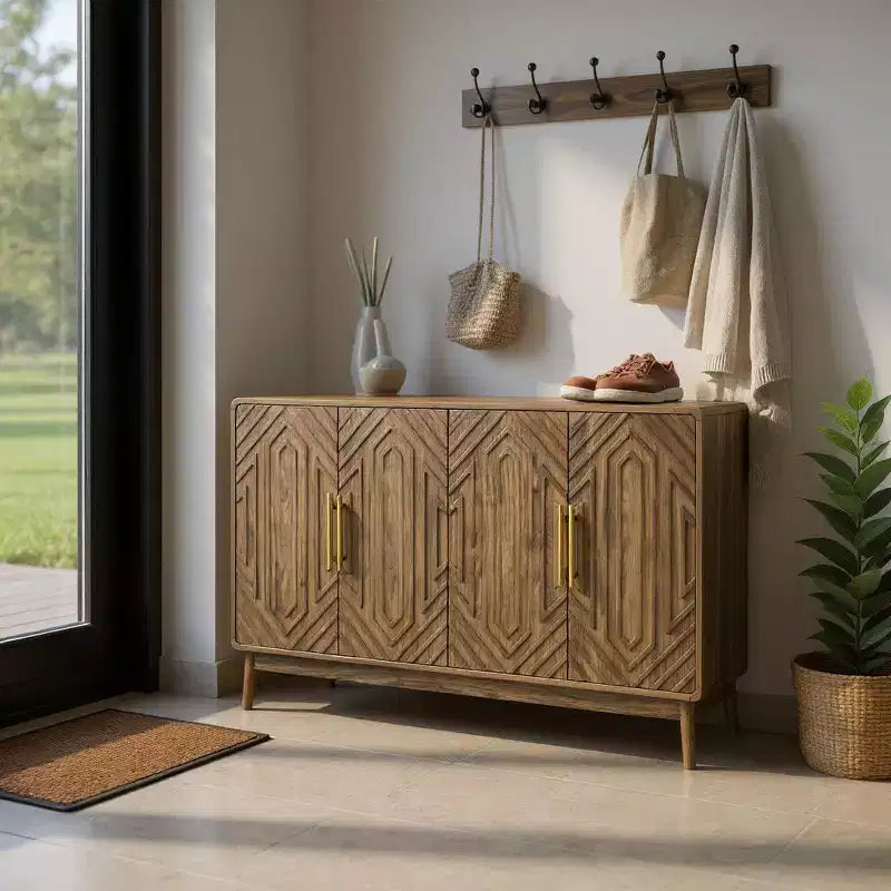 55 Modern Wood Sideboard Buffet Cabinet with 4 Doors, Geometric Carved Design & Gold Handles for Dining Room, Living Room or Entryway