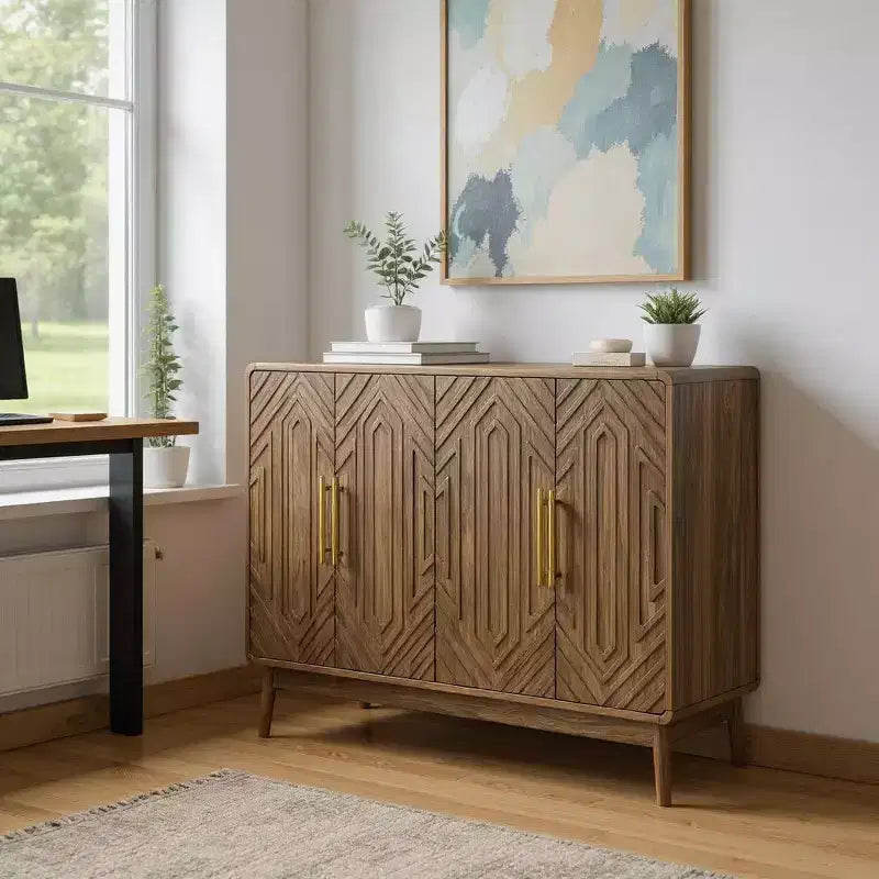 55 Modern Wood Sideboard Buffet Cabinet with 4 Doors, Geometric Carved Design & Gold Handles for Dining Room, Living Room or Entryway