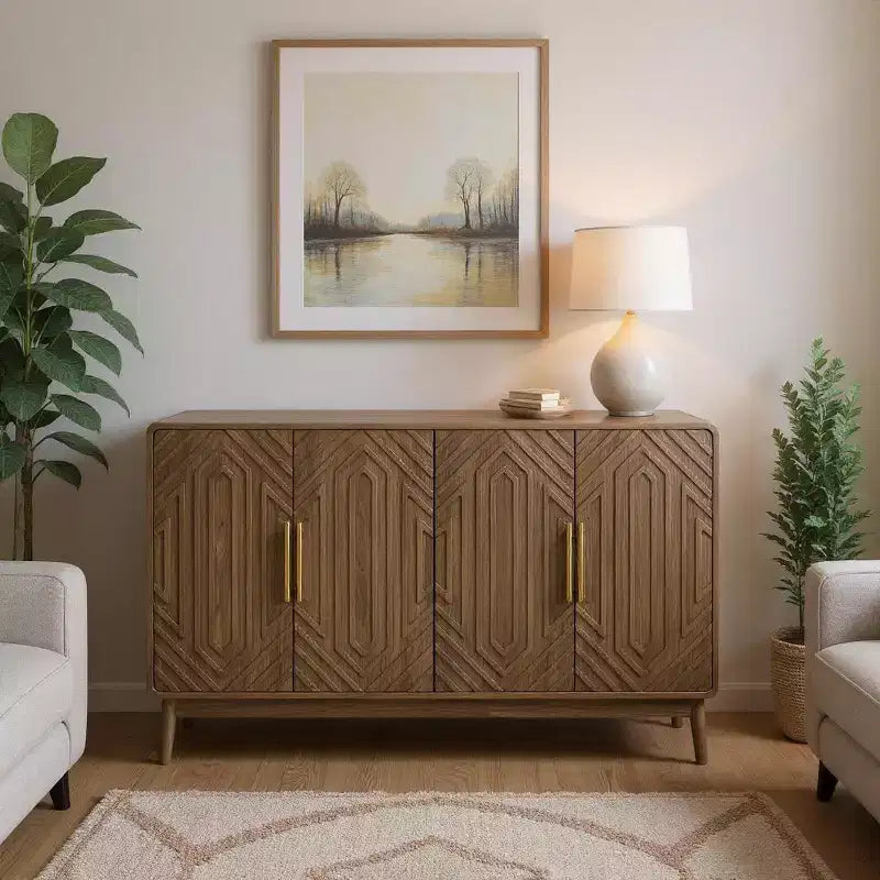 55 Modern Wood Sideboard Buffet Cabinet with 4 Doors, Geometric Carved Design & Gold Handles for Dining Room, Living Room or Entryway