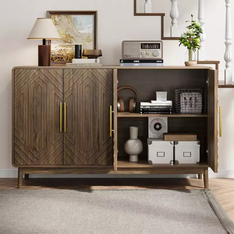 55 Modern Wood Sideboard Buffet Cabinet with 4 Doors, Geometric Carved Design & Gold Handles for Dining Room, Living Room or Entryway
