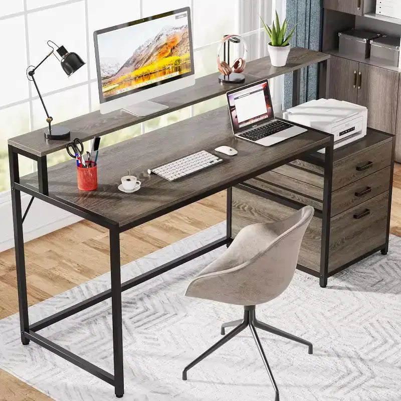 Lantine 63 Inch Industrial Computer Desk with File Drawer, Monitor Stand, Printer Space, Ergonomic Office Workstation for Home Office.