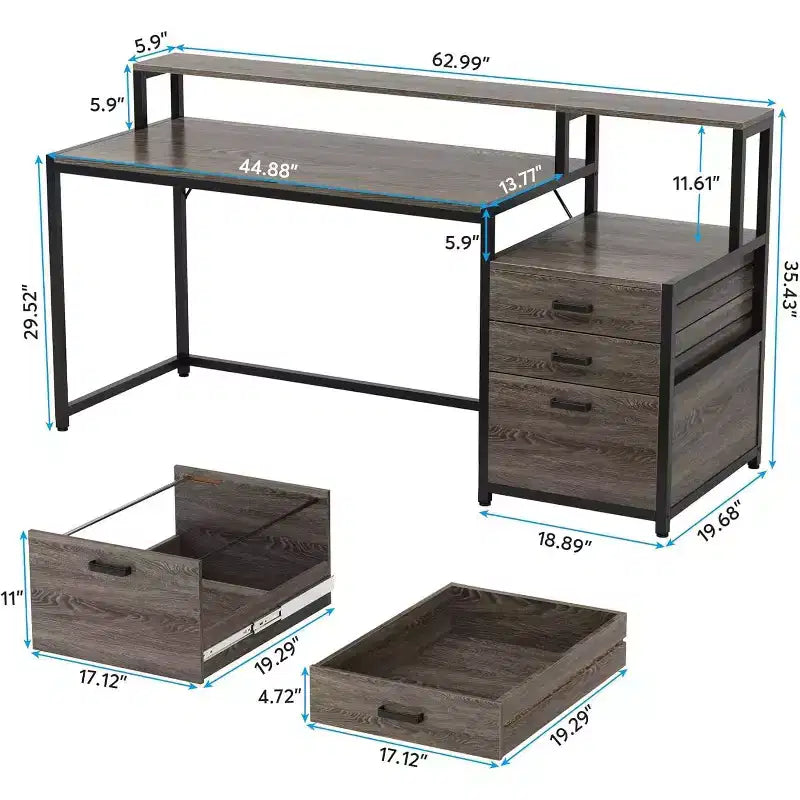 63 Inch Industrial Computer Desk with File Drawer, Monitor Stand, Printer Space, Ergonomic Office Workstation for Home Office.
