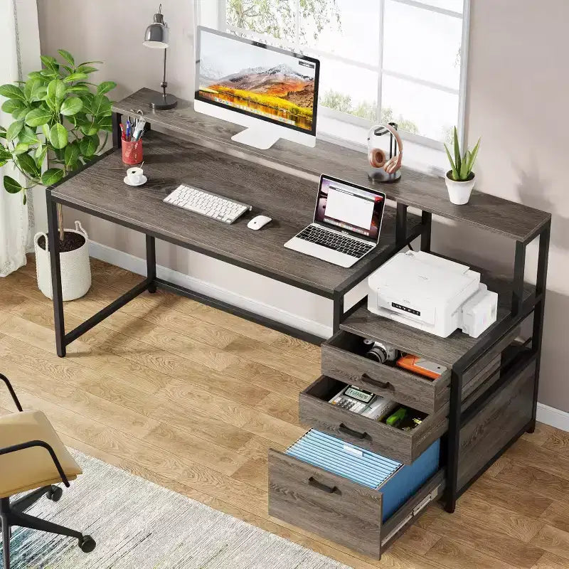 63 Inch Industrial Computer Desk with File Drawer, Monitor Stand, Printer Space, Ergonomic Office Workstation for Home Office.