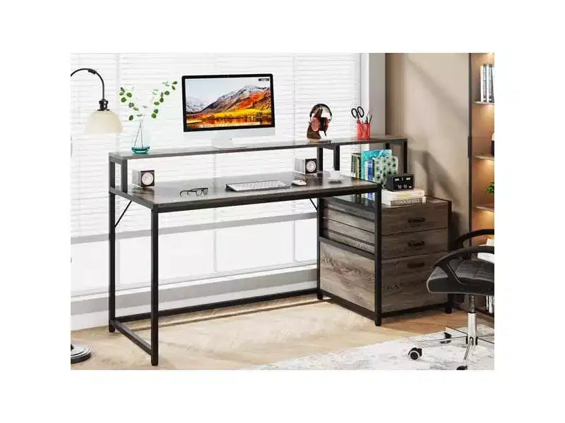 63 Inch Industrial Computer Desk with File Drawer, Monitor Stand, Printer Space, Ergonomic Office Workstation for Home Office.