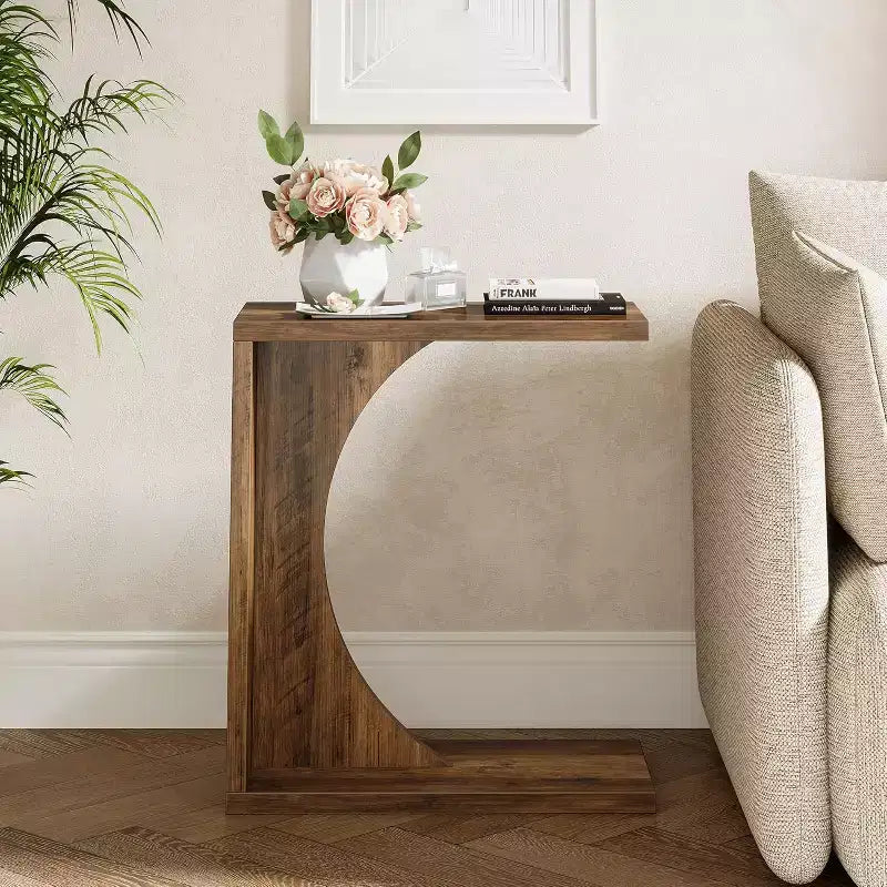 C-Shaped End Table for Couch, Small Bedside Table for Sofa, Wooden Nightstand for Living Room Bedroom Laptop Work Desk (1, Rustic Brown)