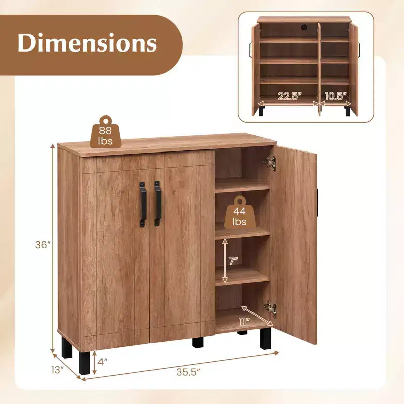 5-Tier Shoe Storage Cabinet w/3 Doors Removable Shelves & Ventilation Hole