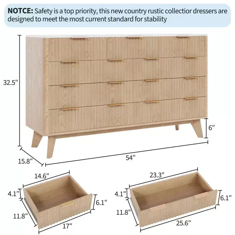 54 Modern Fluted Wave Dresser,9-Drawer Wooden Chest with Metal Handles & Curved Profile, Stylish TV Stand for Bedroom, Living Room, Entryway