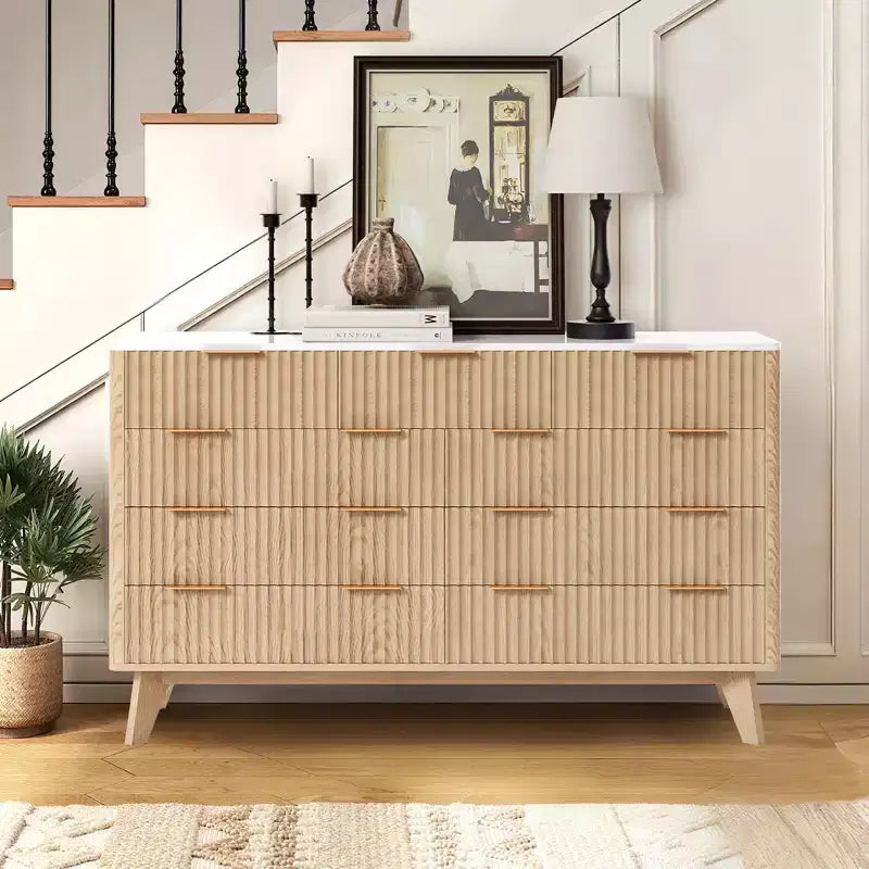 54 Modern Fluted Wave Dresser,9-Drawer Wooden Chest with Metal Handles & Curved Profile, Stylish TV Stand for Bedroom, Living Room, Entryway
