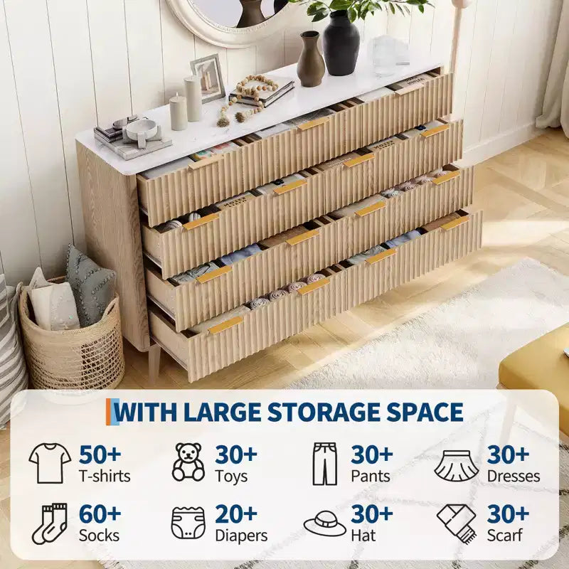 54 Modern Fluted Wave Dresser,9-Drawer Wooden Chest with Metal Handles & Curved Profile, Stylish TV Stand for Bedroom, Living Room, Entryway