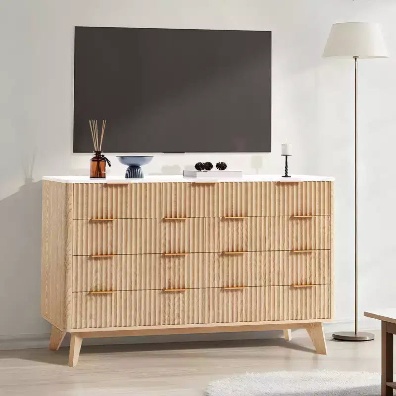 54 Modern Fluted Wave Dresser,9-Drawer Wooden Chest with Metal Handles & Curved Profile, Stylish TV Stand for Bedroom, Living Room, Entryway