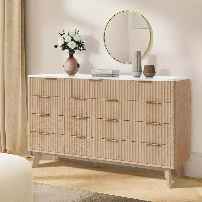 54 Modern Fluted Wave Dresser,9-Drawer Wooden Chest with Metal Handles & Curved Profile, Stylish TV Stand for Bedroom, Living Room, Entryway