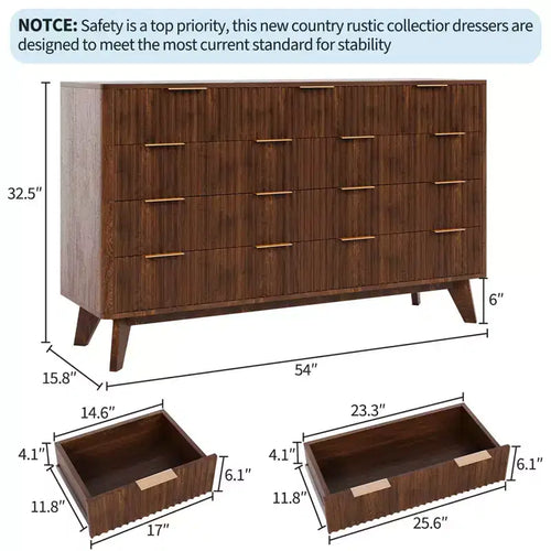 54 moderne geribbelde golfcommode, houten ladekast met 9 laden, metalen handgrepen en gebogen profiel, stijlvol tv-meubel voor slaapkamer, woonkamer en hal