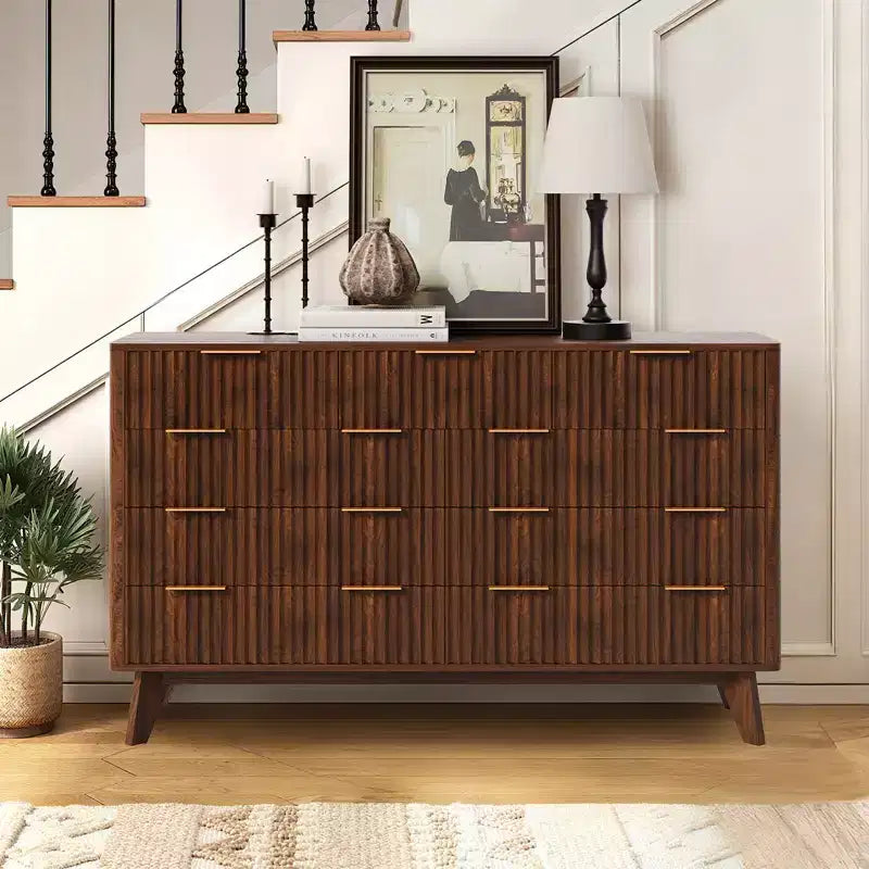 54 Modern Fluted Wave Dresser,9-Drawer Wooden Chest with Metal Handles & Curved Profile, Stylish TV Stand for Bedroom, Living Room, Entryway