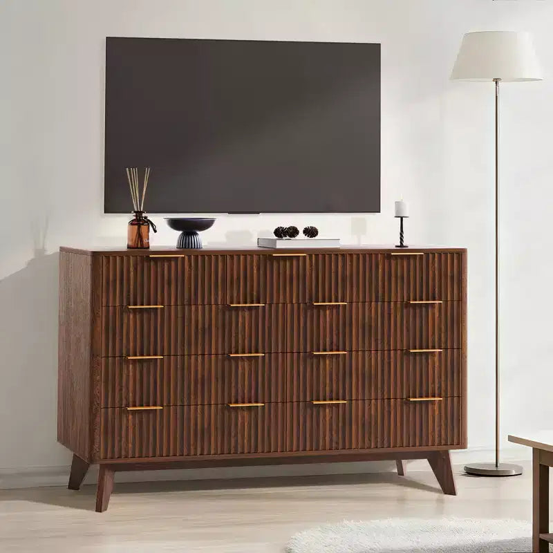 54 Modern Fluted Wave Dresser,9-Drawer Wooden Chest with Metal Handles & Curved Profile, Stylish TV Stand for Bedroom, Living Room, Entryway