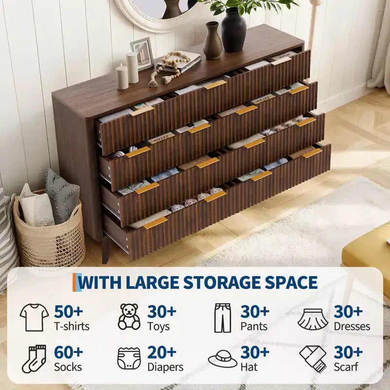 54 Modern Fluted Wave Dresser,9-Drawer Wooden Chest with Metal Handles & Curved Profile, Stylish TV Stand for Bedroom, Living Room, Entryway
