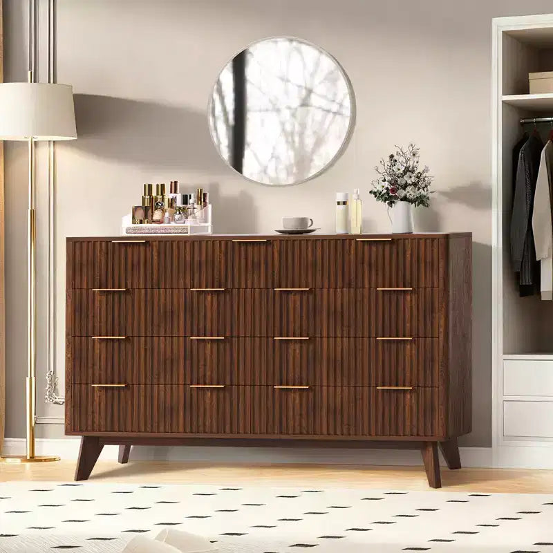54 Modern Fluted Wave Dresser,9-Drawer Wooden Chest with Metal Handles & Curved Profile, Stylish TV Stand for Bedroom, Living Room, Entryway