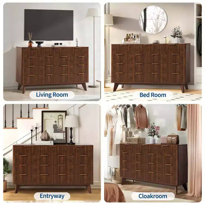 54 Modern Fluted Wave Dresser,9-Drawer Wooden Chest with Metal Handles & Curved Profile, Stylish TV Stand for Bedroom, Living Room, Entryway