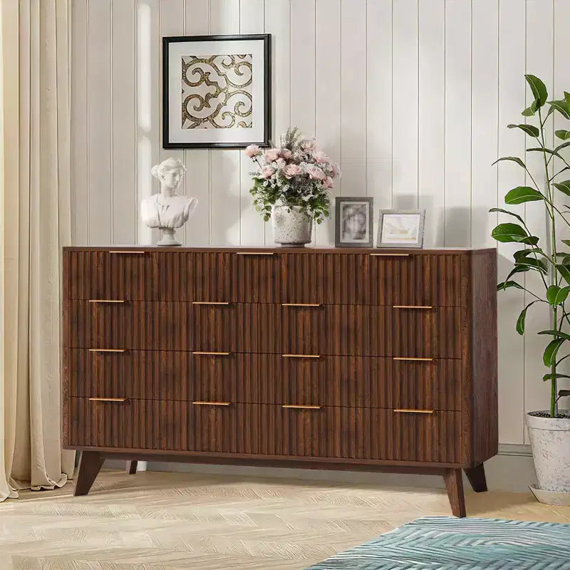 54 Modern Fluted Wave Dresser,9-Drawer Wooden Chest with Metal Handles & Curved Profile, Stylish TV Stand for Bedroom, Living Room, Entryway