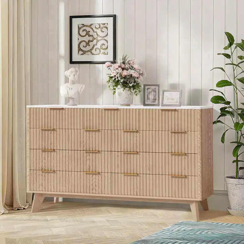 54 Modern Fluted Wave Dresser,9-Drawer Wooden Chest with Metal Handles & Curved Profile, Stylish TV Stand for Bedroom, Living Room, Entryway