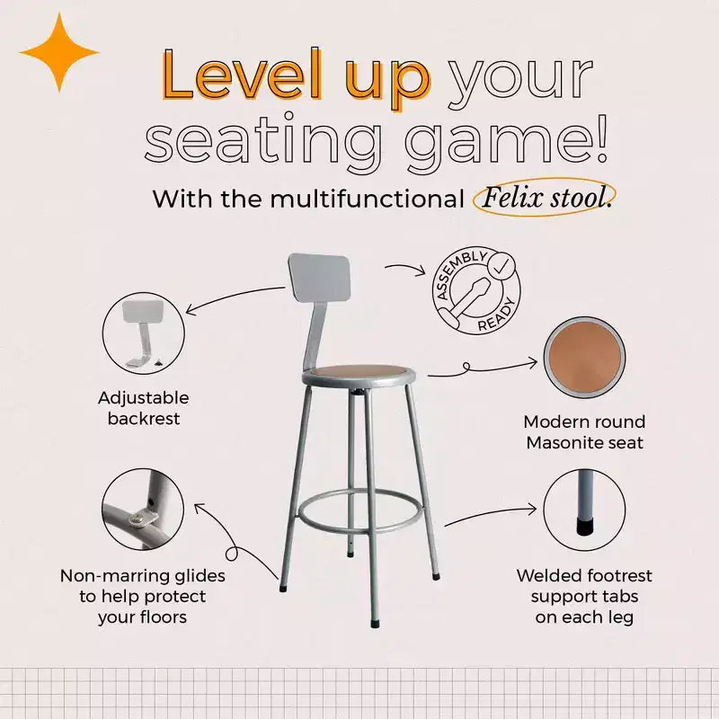 30" Felix Collection Steel Stool with Backrest Gray
